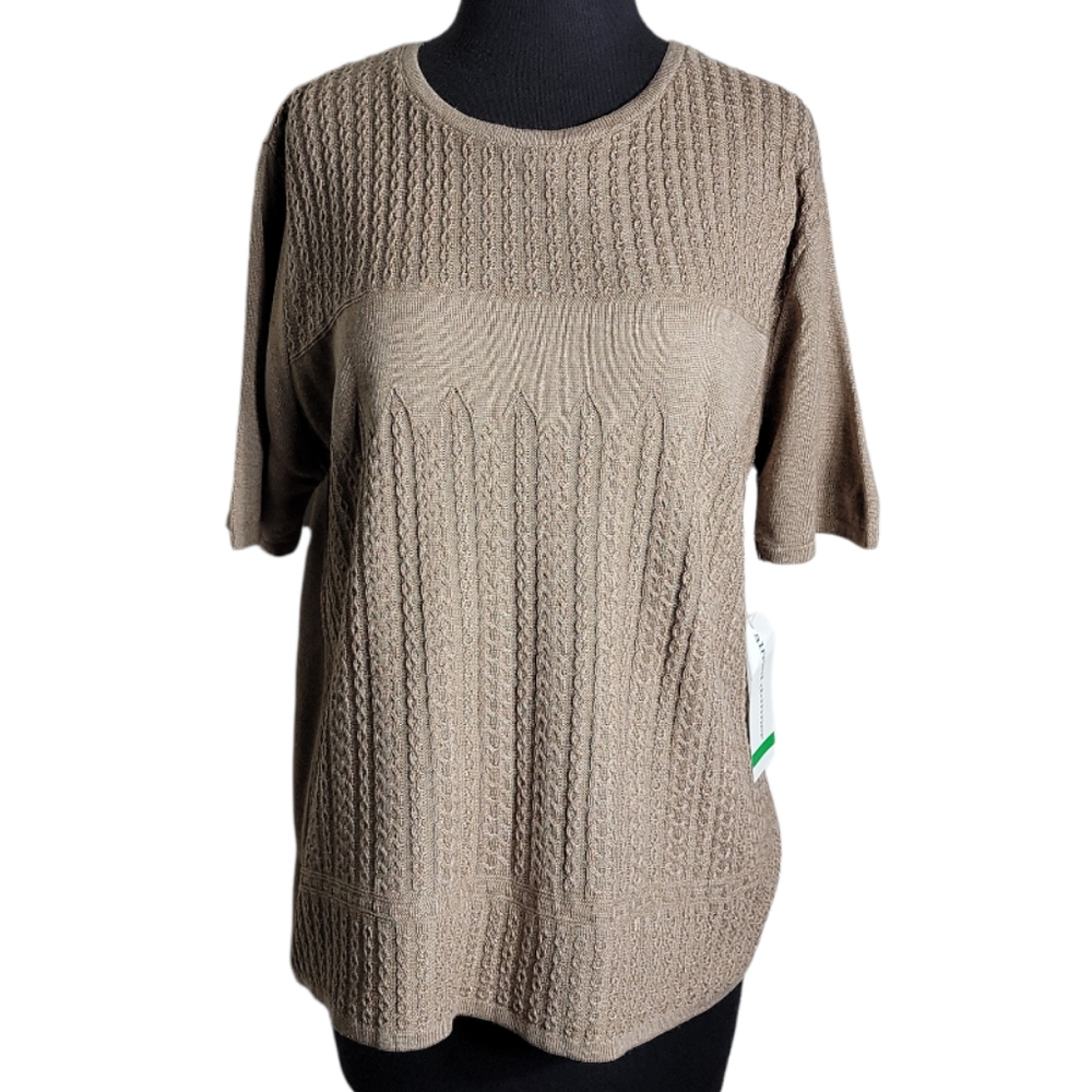 Alfred Dunner women's cable knit sweater tan short sleeve crew neck size large